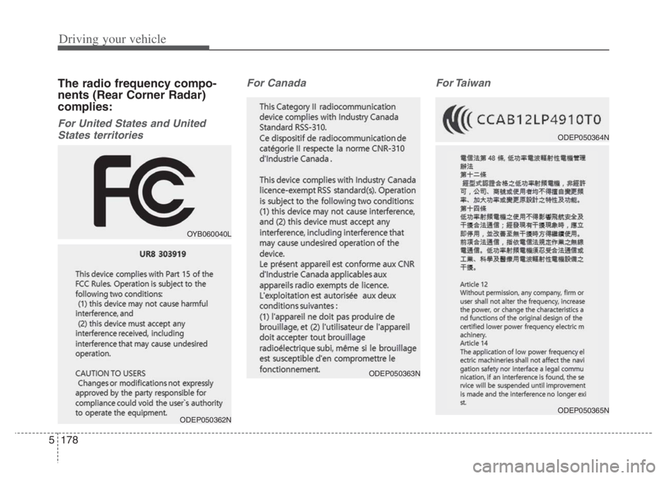KIA NIRO 2021 Owners Manual Driving your vehicle
178 5
The radio frequency compo-
nents (Rear Corner Radar)
complies:
For United States and United
States territories For Canada For Taiwan
OYB060040L
ODEP050362N
ODEP050363N
ODEP KIA NIRO 2021 Owners Manual Driving your vehicle
178 5
The radio frequency compo-
nents (Rear Corner Radar)
complies:
For United States and United
States territories For Canada For Taiwan
OYB060040L
ODEP050362N
ODEP050363N
ODEP
