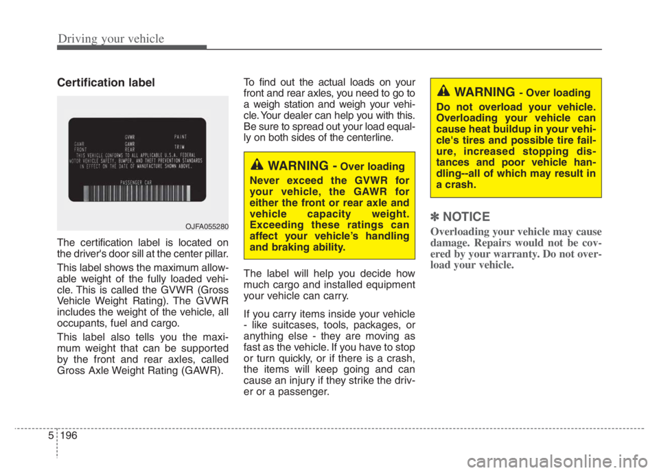 KIA NIRO 2021  Owners Manual Driving your vehicle
196 5
Certification label
The certification label is located on
the drivers door sill at the center pillar.
This label shows the maximum allow-
able weight of the fully loaded ve