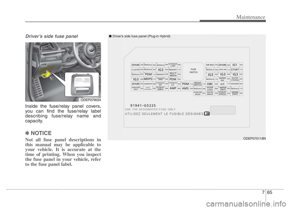 KIA NIRO 2021  Owners Manual 765
Maintenance
Driver’s side fuse panel 
Inside the fuse/relay panel covers,
you can find the fuse/relay label
describing fuse/relay name and
capacity.
✽ ✽NOTICE
Not all fuse panel descriptions
