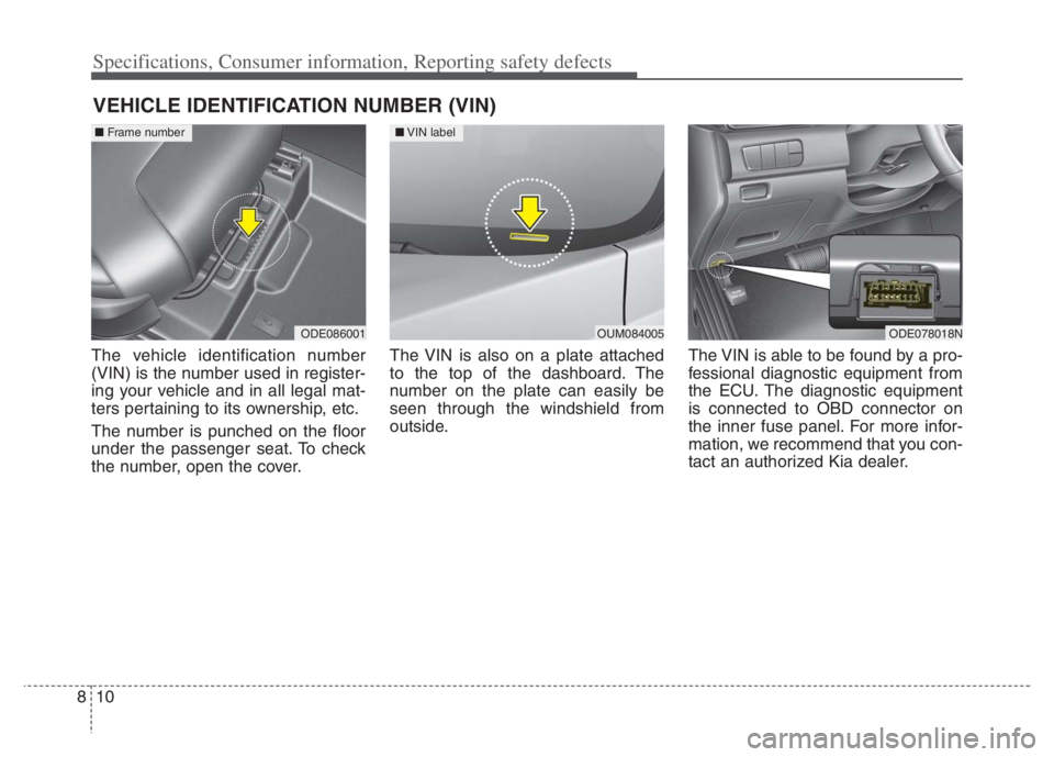 KIA NIRO 2021  Owners Manual Specifications, Consumer information, Reporting safety defects
10 8
VEHICLE IDENTIFICATION NUMBER (VIN)
The vehicle identification number
(VIN) is the number used in register-
ing your vehicle and in 