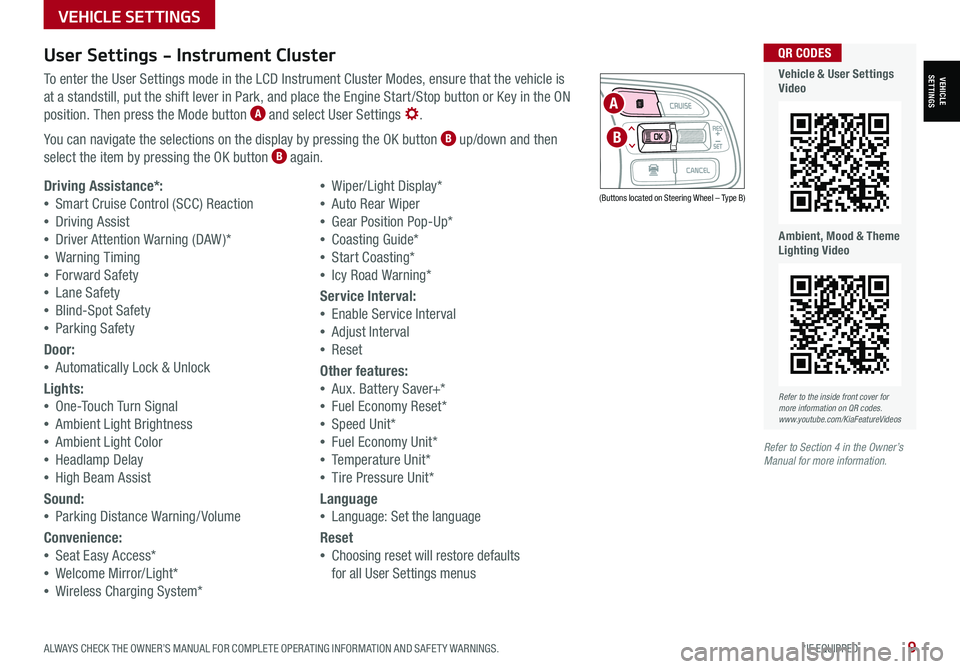 KIA NIRO 2021  Features and Functions Guide ALWAYS CHECK THE OWNER’S MANUAL FOR COMPLETE OPER ATING INFORMATION AND SAFET Y WARNINGS.  *IF EQUIPPED9
User Settings - Instrument Cluster
To enter the User Settings mode in the LCD Instrument Clus