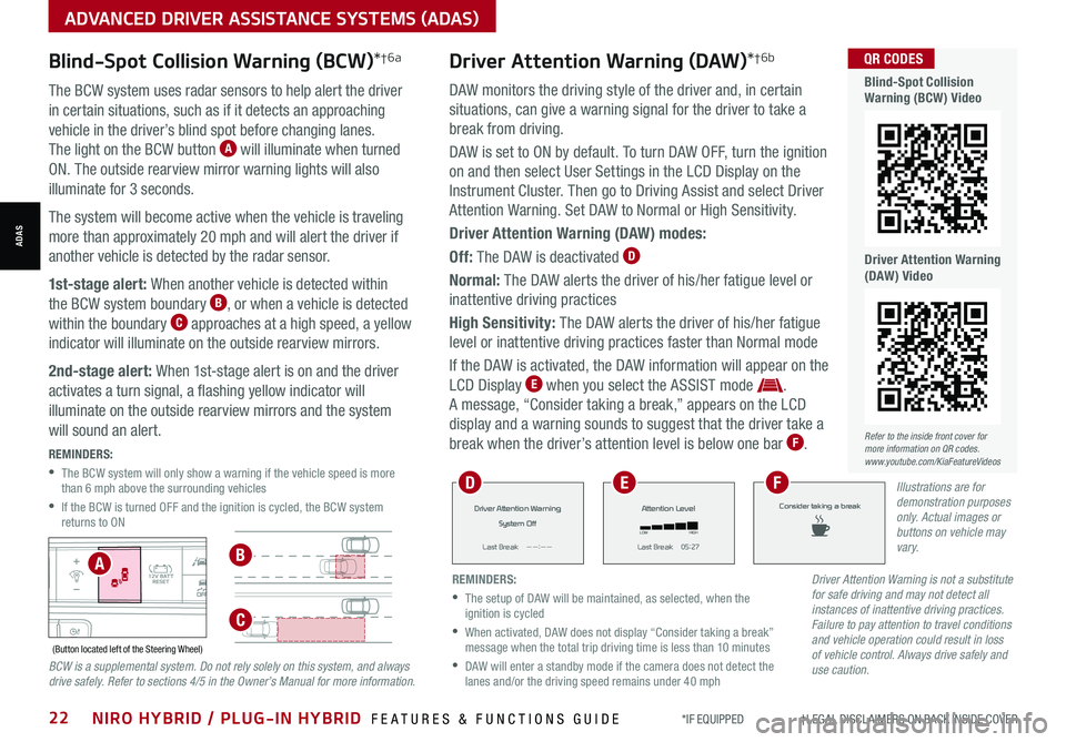 KIA NIRO 2021 Features and Functions Guide Blind-Spot Collision Warning (BCW)*†6a
The BCW system uses radar sensors to help alert the driver
in certain situations, such as if it detects an approaching
vehicle in the driver’s blind spot b KIA NIRO 2021 Features and Functions Guide Blind-Spot Collision Warning (BCW)*†6a
The BCW system uses radar sensors to help alert the driver
in certain situations, such as if it detects an approaching
vehicle in the driver’s blind spot b