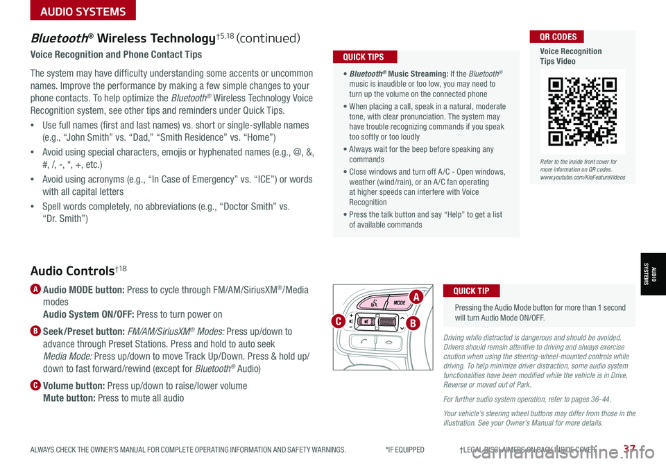 KIA NIRO 2021 Features and Functions Guide ALWAYS CHECK THE OWNER’S MANUAL FOR COMPLETE OPER ATING INFORMATION AND SAFET Y WARNINGS. *IF EQUIPPED †LEGAL DISCL AIMERS ON BACK INSIDE COVER37
Bluetooth® Wireless Technolo KIA NIRO 2021 Features and Functions Guide ALWAYS CHECK THE OWNER’S MANUAL FOR COMPLETE OPER ATING INFORMATION AND SAFET Y WARNINGS. *IF EQUIPPED †LEGAL DISCL AIMERS ON BACK INSIDE COVER37
Bluetooth® Wireless Technolo