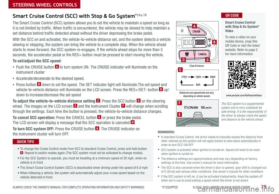 KIA NIRO 2020 Features and Functions Guide 29ALWAYS CHECK THE OWNER’S MANUAL FOR COMPLETE OPER ATING INFORMATION AND SAFET Y WARNINGS *IF EQUIPPED †LEGAL DISCL AIMERS ON BACK INSIDE COVER
The SCC system is a supplement KIA NIRO 2020 Features and Functions Guide 29ALWAYS CHECK THE OWNER’S MANUAL FOR COMPLETE OPER ATING INFORMATION AND SAFET Y WARNINGS *IF EQUIPPED †LEGAL DISCL AIMERS ON BACK INSIDE COVER
The SCC system is a supplement