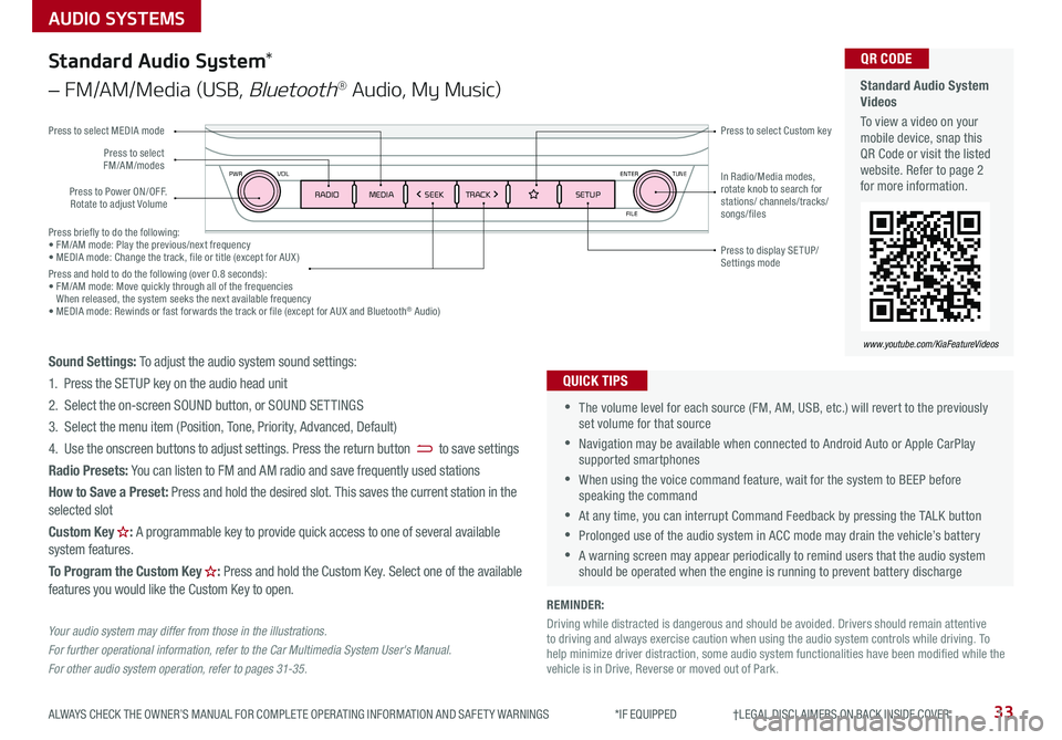 KIA NIRO 2020 Features and Functions Guide Press briefly to do the following:• FM/AM mode: Play the previous/next frequency• MEDIA mode: Change the track, file or title (except for AUX )Press and hold to do the following (over 0 .8 sec KIA NIRO 2020 Features and Functions Guide Press briefly to do the following:• FM/AM mode: Play the previous/next frequency• MEDIA mode: Change the track, file or title (except for AUX )Press and hold to do the following (over 0 .8 sec