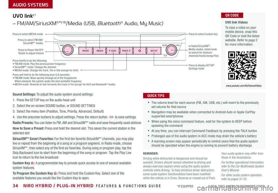 KIA NIRO 2020 Features and Functions Guide Press briefly to do the following:• FM/AM mode: Play the previous/next frequency• SiriusXM®* mode: Change the channel .• MEDIA mode: Change the track, file or title (except for AUX )Press a KIA NIRO 2020 Features and Functions Guide Press briefly to do the following:• FM/AM mode: Play the previous/next frequency• SiriusXM®* mode: Change the channel .• MEDIA mode: Change the track, file or title (except for AUX )Press a