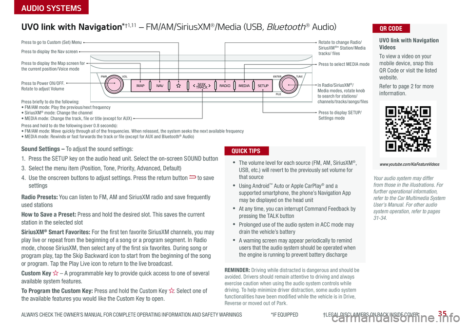 KIA NIRO 2020 Features and Functions Guide ENTER
PWR VOL
FILE
TUNE
MAPN AV RADIOMEDIA SETUPSEEK
TRACKIn Radio/SiriusXM®/Media modes, rotate knob to search for stations/ channels/tracks/songs/files
35ALWAYS CHECK THE OWNER’S MANUAL FOR COMP KIA NIRO 2020 Features and Functions Guide ENTER
PWR VOL
FILE
TUNE
MAPN AV RADIOMEDIA SETUPSEEK
TRACKIn Radio/SiriusXM®/Media modes, rotate knob to search for stations/ channels/tracks/songs/files
35ALWAYS CHECK THE OWNER’S MANUAL FOR COMP