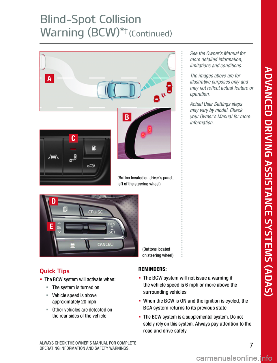 KIA NIRO 2020  Advanced Driving Assistance System (Buttons located  on steering wheel)
See the Owner’s Manual for more detailed information, limitations and conditions.
The images above are for illustrative purposes only and may not reflect actual 
