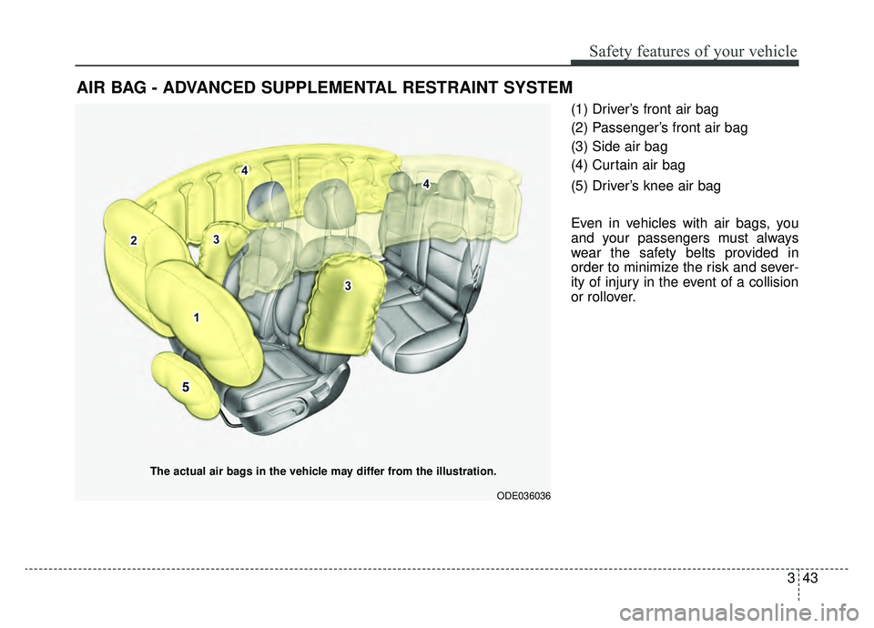 KIA NIRO 2019 Owners Manual 343
Safety features of your vehicle
(1) Driver’s front air bag
(2) Passenger’s front air bag
(3) Side air bag
(4) Curtain air bag
(5) Driver’s knee air bag
Even in vehicles with air bags, you
an KIA NIRO 2019 Owners Manual 343
Safety features of your vehicle
(1) Driver’s front air bag
(2) Passenger’s front air bag
(3) Side air bag
(4) Curtain air bag
(5) Driver’s knee air bag
Even in vehicles with air bags, you
an