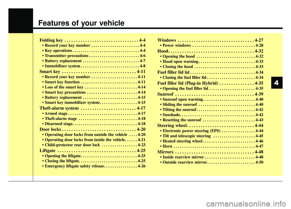 KIA NIRO 2019 Owners Manual Features of your vehicle
Folding key . . . . . . . . . . . . . . . . . . . . . . . . . . . . . . . . 4-4
• Record your key number . . . . . . . . . . . . . . . . . . . . . . . 4-4
. . . . . . . . . KIA NIRO 2019 Owners Manual Features of your vehicle
Folding key . . . . . . . . . . . . . . . . . . . . . . . . . . . . . . . . 4-4
• Record your key number . . . . . . . . . . . . . . . . . . . . . . . 4-4
. . . . . . . . .