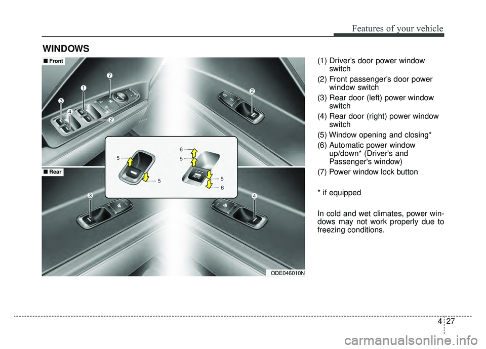 KIA NIRO 2019 Owners Manual 427
Features of your vehicle
(1) Driver’s door power windowswitch
(2) Front passenger’s door power window switch
(3) Rear door (left) power window switch
(4) Rear door (right) power window switch
KIA NIRO 2019 Owners Manual 427
Features of your vehicle
(1) Driver’s door power windowswitch
(2) Front passenger’s door power window switch
(3) Rear door (left) power window switch
(4) Rear door (right) power window switch