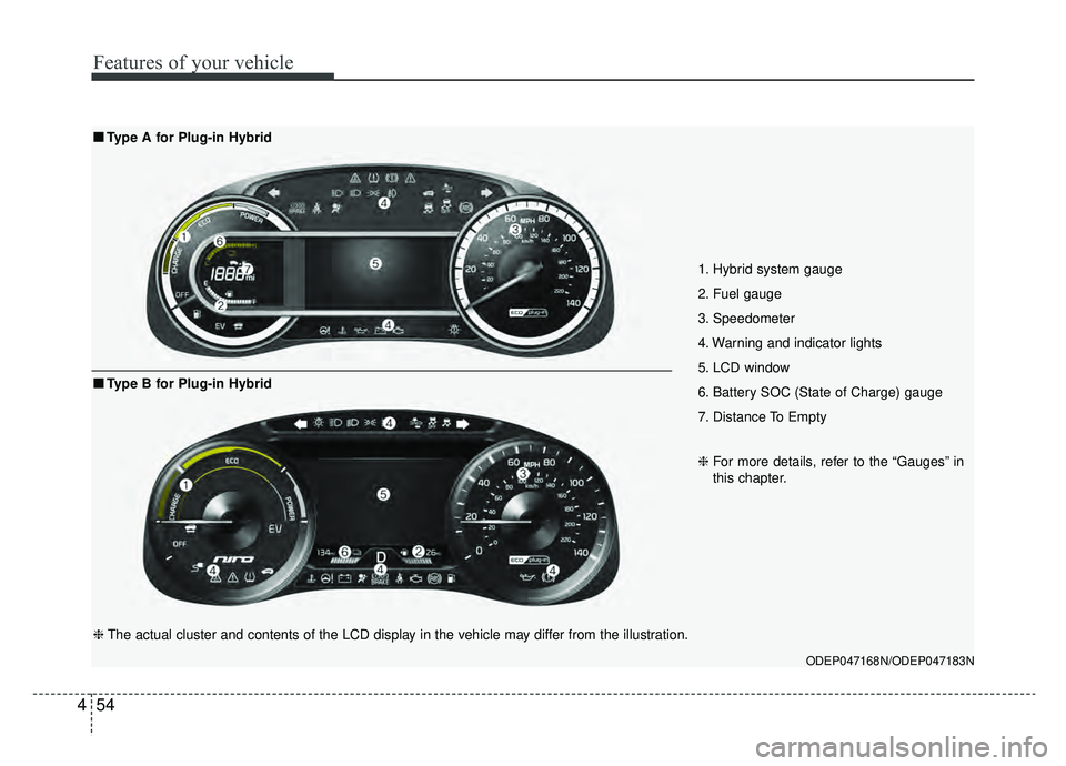 KIA NIRO 2019 Owners Manual Features of your vehicle
54
4
1. Hybrid system gauge
2. Fuel gauge
3. Speedometer
4. Warning and indicator lights
5. LCD window
6. Battery SOC (State of Charge) gauge
7. Distance To Empty
ODEP047 KIA NIRO 2019 Owners Manual Features of your vehicle
54
4
1. Hybrid system gauge
2. Fuel gauge
3. Speedometer
4. Warning and indicator lights
5. LCD window
6. Battery SOC (State of Charge) gauge
7. Distance To Empty
ODEP047