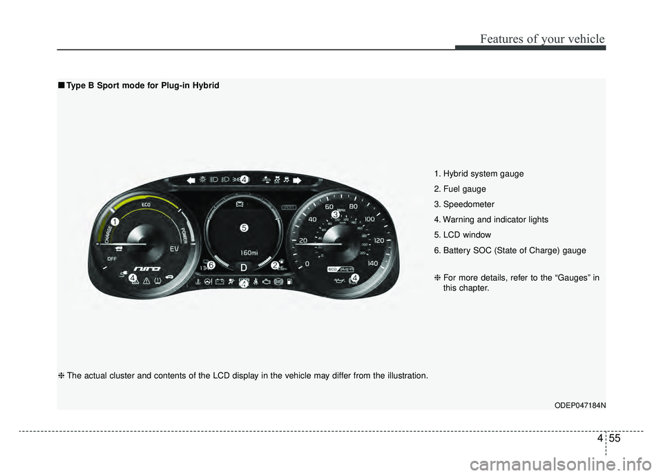 KIA NIRO 2019 Owners Manual 455
Features of your vehicle
ODEP047184N
■ ■Type B Sport mode for Plug-in Hybrid
1. Hybrid system gauge
2. Fuel gauge
3. Speedometer
4. Warning and indicator lights
5. LCD window
6. Battery SO KIA NIRO 2019 Owners Manual 455
Features of your vehicle
ODEP047184N
■ ■Type B Sport mode for Plug-in Hybrid
1. Hybrid system gauge
2. Fuel gauge
3. Speedometer
4. Warning and indicator lights
5. LCD window
6. Battery SO