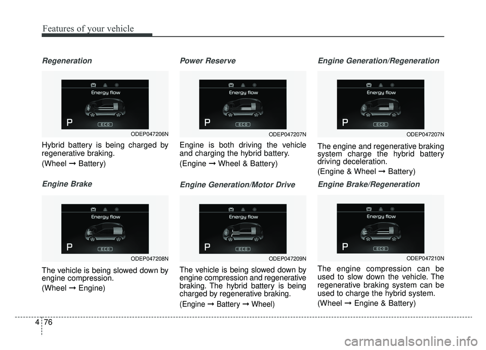 KIA NIRO 2019 Owners Manual Features of your vehicle
76
4
Regeneration
Hybrid battery is being charged by
regenerative braking.
(Wheel ➞Battery)
Engine Brake
The vehicle is being slowed down by
engine compression.
(Wheel ➞ KIA NIRO 2019 Owners Manual Features of your vehicle
76
4
Regeneration
Hybrid battery is being charged by
regenerative braking.
(Wheel ➞Battery)
Engine Brake
The vehicle is being slowed down by
engine compression.
(Wheel ➞