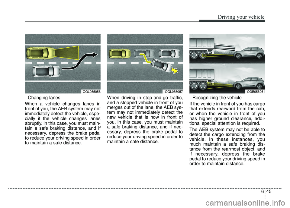 KIA NIRO 2019 Owners Manual 645
Driving your vehicle
- Changing lanes
When a vehicle changes lanes in
front of you, the AEB system may not
immediately detect the vehicle, espe-
cially if the vehicle changes lanes
abruptly. In t KIA NIRO 2019 Owners Manual 645
Driving your vehicle
- Changing lanes
When a vehicle changes lanes in
front of you, the AEB system may not
immediately detect the vehicle, espe-
cially if the vehicle changes lanes
abruptly. In t