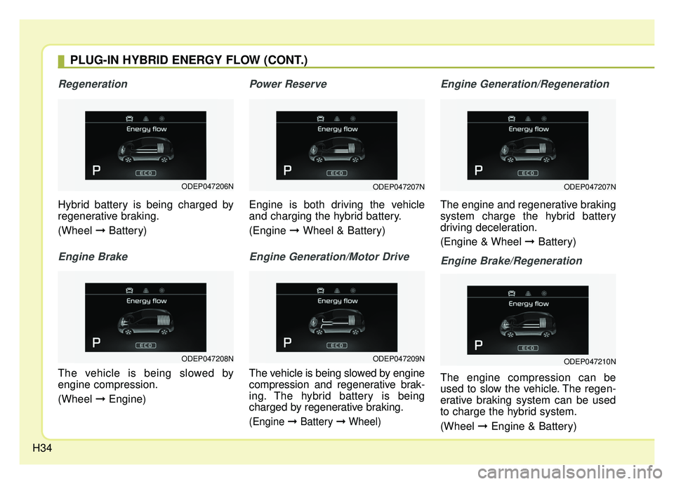 KIA NIRO 2019 Service Manual H34
Regeneration
Hybrid battery is being charged by
regenerative braking.
(Wheel ➞Battery)
Engine Brake
The vehicle is being slowed by
engine compression.
(Wheel ➞Engine)
Power Reserve
Engine is KIA NIRO 2019 Service Manual H34
Regeneration
Hybrid battery is being charged by
regenerative braking.
(Wheel ➞Battery)
Engine Brake
The vehicle is being slowed by
engine compression.
(Wheel ➞Engine)
Power Reserve
Engine is