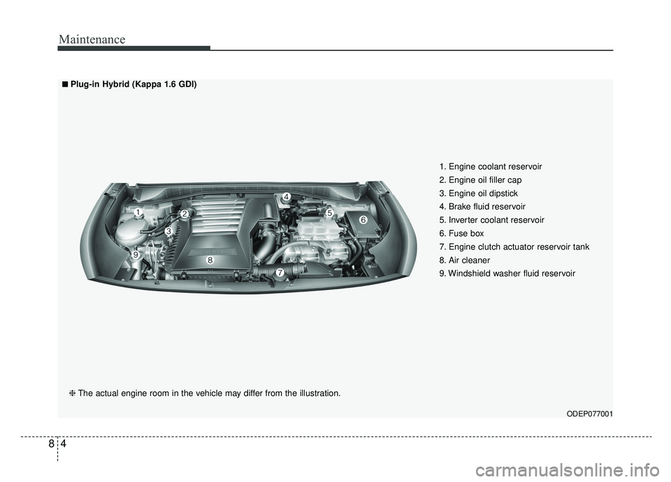 KIA NIRO 2019 Owners Manual Maintenance
48
ODEP077001
■ ■Plug-in Hybrid (Kappa 1.6 GDI)
❈ The actual engine room in the vehicle may differ from the illustration. 1. Engine coolant reservoir
2. Engine oil filler cap
3. Engi KIA NIRO 2019 Owners Manual Maintenance
48
ODEP077001
■ ■Plug-in Hybrid (Kappa 1.6 GDI)
❈ The actual engine room in the vehicle may differ from the illustration. 1. Engine coolant reservoir
2. Engine oil filler cap
3. Engi