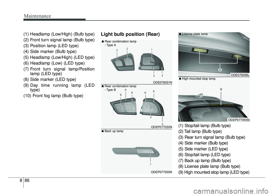 KIA NIRO 2019 Owners Manual Maintenance
86
8
(1) Headlamp (Low/High) (Bulb type)
(2) Front turn signal lamp (Bulb type)
(3) Position lamp (LED type)
(4) Side marker (Bulb type)
(5) Headlamp (Low/High) (LED type)
(6) Headlamp (Lo KIA NIRO 2019 Owners Manual Maintenance
86
8
(1) Headlamp (Low/High) (Bulb type)
(2) Front turn signal lamp (Bulb type)
(3) Position lamp (LED type)
(4) Side marker (Bulb type)
(5) Headlamp (Low/High) (LED type)
(6) Headlamp (Lo