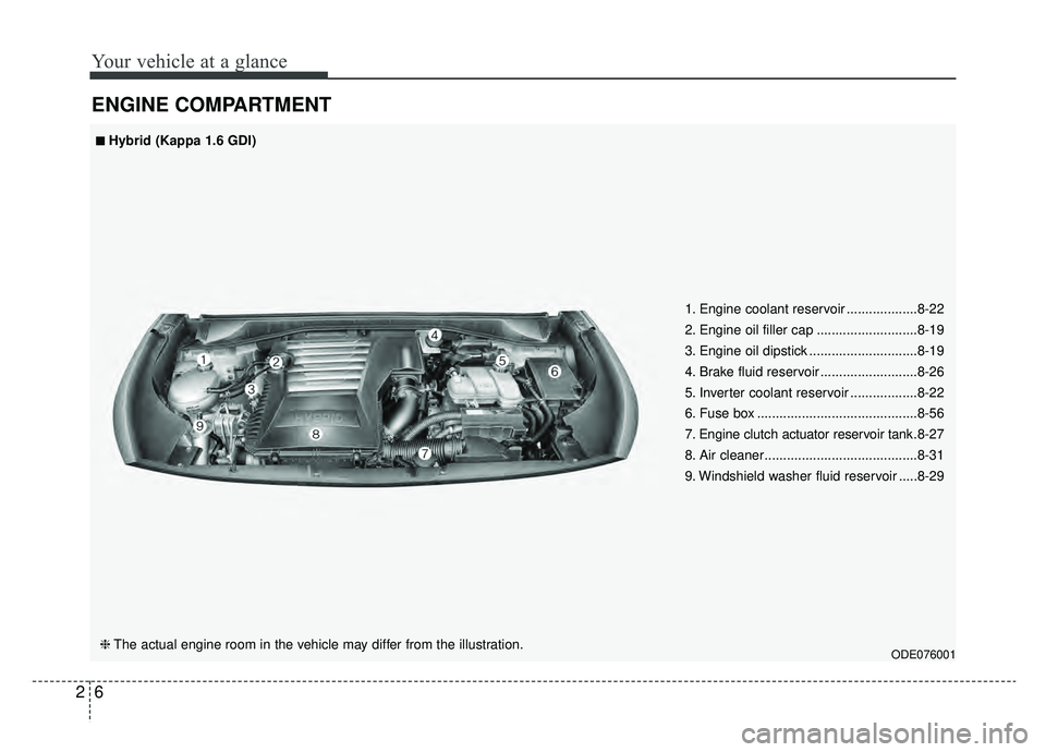 KIA NIRO 2019 Repair Manual Your vehicle at a glance
62
ENGINE COMPARTMENT
ODE076001
■ ■Hybrid (Kappa 1.6 GDI)
❈ The actual engine room in the vehicle may differ from the illustration. 1. Engine coolant reservoir ......... KIA NIRO 2019 Repair Manual Your vehicle at a glance
62
ENGINE COMPARTMENT
ODE076001
■ ■Hybrid (Kappa 1.6 GDI)
❈ The actual engine room in the vehicle may differ from the illustration. 1. Engine coolant reservoir .........