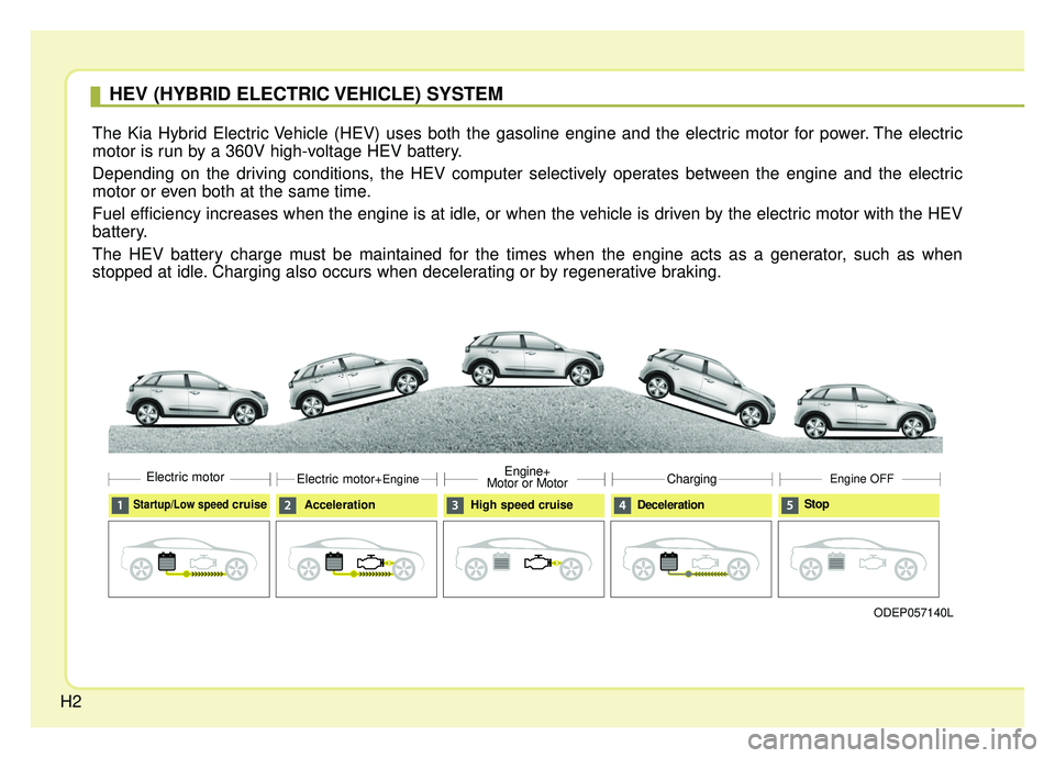 KIA NIRO 2019  Owners Manual H2
HEV (HYBRID ELECTRIC VEHICLE) SYSTEM
The Kia Hybrid Electric Vehicle (HEV) uses both the gasoline engine and the electric motor for power. The electric
motor is run by a 360V high-voltage HEV batte