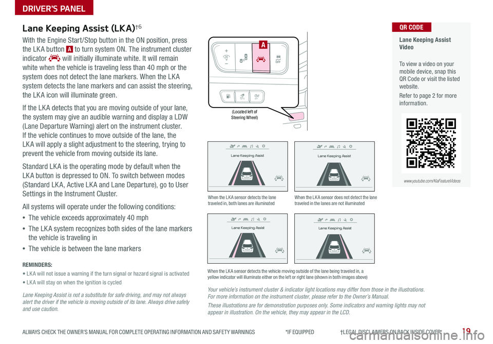 KIA NIRO 2019 Features and Functions Guide 19ALWAYS CHECK THE OWNER’S MANUAL FOR COMPLETE OPER ATING INFORMATION AND SAFET Y WARNINGS *IF EQUIPPED †LEGAL DISCL AIMERS ON BACK INSIDE COVER
(Located left of Steering Whee KIA NIRO 2019 Features and Functions Guide 19ALWAYS CHECK THE OWNER’S MANUAL FOR COMPLETE OPER ATING INFORMATION AND SAFET Y WARNINGS *IF EQUIPPED †LEGAL DISCL AIMERS ON BACK INSIDE COVER
(Located left of Steering Whee