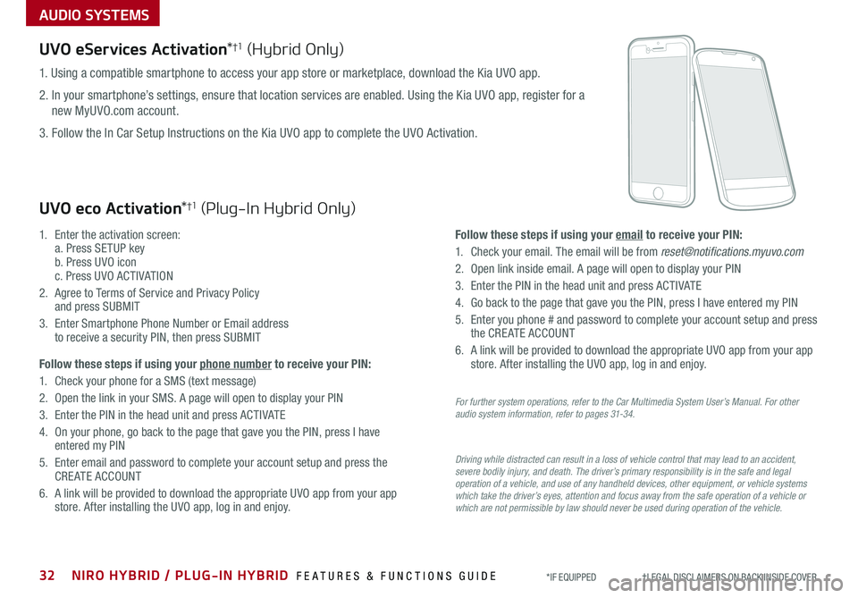 KIA NIRO 2019 Features and Functions Guide AUDIO SYSTEMS
UVO eServices Activation*†1 (Hybrid Only)
Driving while distracted can result in a loss of vehicle control that may lead to an accident, severe bodily injury, and death. The driver’s KIA NIRO 2019 Features and Functions Guide AUDIO SYSTEMS
UVO eServices Activation*†1 (Hybrid Only)
Driving while distracted can result in a loss of vehicle control that may lead to an accident, severe bodily injury, and death. The driver’s