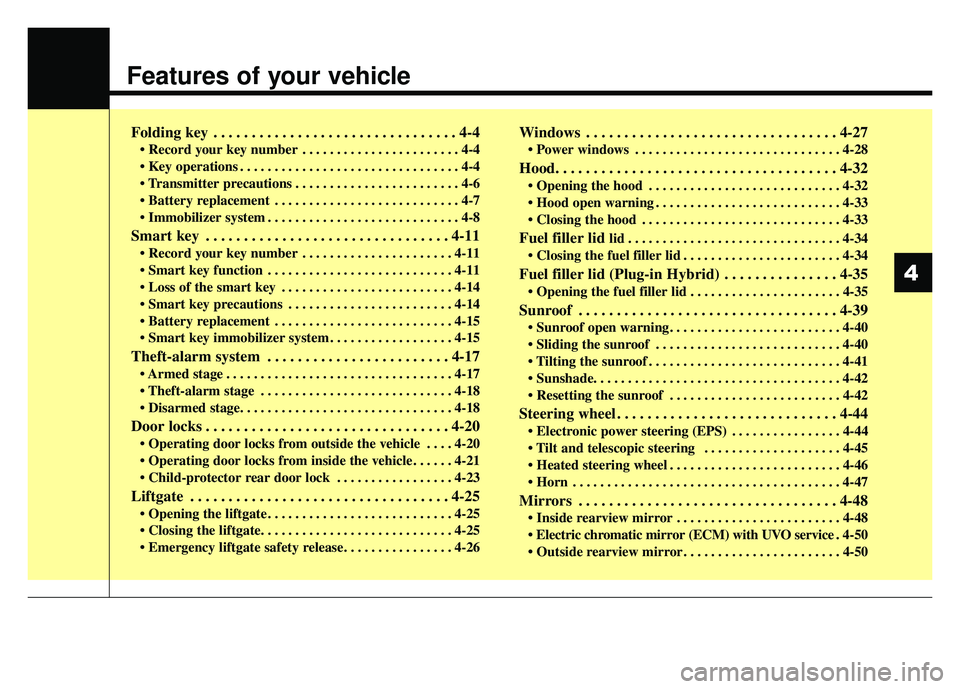 KIA NIRO 2018  Owners Manual Features of your vehicle
Folding key . . . . . . . . . . . . . . . . . . . . . . . . . . . . . . . . 4-4
• Record your key number . . . . . . . . . . . . . . . . . . . . . . . 4-4
 . . . . . . . . .