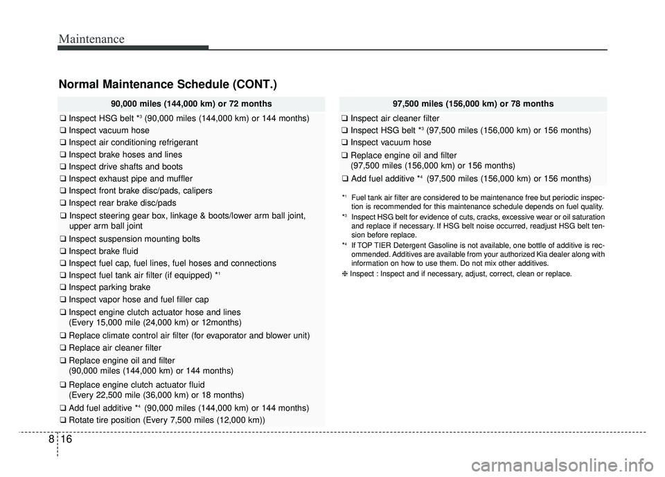 KIA NIRO 2018 Owners Manual Maintenance
16
8
Normal Maintenance Schedule (CONT.)
97,500 miles (156,000 km) or 78 months
❑ Inspect air cleaner filter
❑Inspect HSG belt *3(97,500 miles (156,000 km) or 156 months)
❑Inspect va KIA NIRO 2018 Owners Manual Maintenance
16
8
Normal Maintenance Schedule (CONT.)
97,500 miles (156,000 km) or 78 months
❑ Inspect air cleaner filter
❑Inspect HSG belt *3(97,500 miles (156,000 km) or 156 months)
❑Inspect va