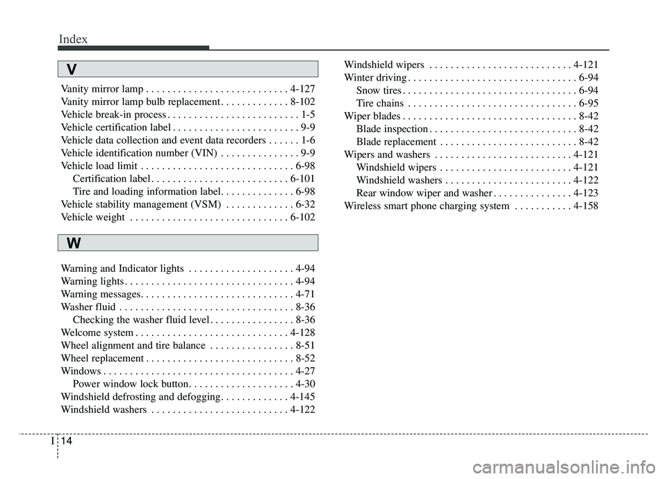 KIA NIRO 2018 Owners Manual Index
14I
Vanity mirror lamp . . . . . . . . . . . . . . . . . . . . . . . . . . . 4-127
Vanity mirror lamp bulb replacement . . . . . . . . . . . . . 8-102
Vehicle break-in process . . . . . . . . . KIA NIRO 2018 Owners Manual Index
14I
Vanity mirror lamp . . . . . . . . . . . . . . . . . . . . . . . . . . . 4-127
Vanity mirror lamp bulb replacement . . . . . . . . . . . . . 8-102
Vehicle break-in process . . . . . . . . .