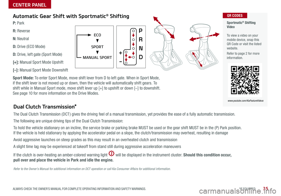 KIA NIRO 2018 Features and Functions Guide 35*IF EQUIPPED ALWAYS CHECK THE OWNER’S MANUAL FOR COMPLETE OPER ATING INFORMATION AND SAFET Y WARNINGS .
Automatic Gear Shift with Sportmatic® Shifting
P: Park
R: Reverse
N: Neutral
D: Drive (ECO KIA NIRO 2018 Features and Functions Guide 35*IF EQUIPPED ALWAYS CHECK THE OWNER’S MANUAL FOR COMPLETE OPER ATING INFORMATION AND SAFET Y WARNINGS .
Automatic Gear Shift with Sportmatic® Shifting
P: Park
R: Reverse
N: Neutral
D: Drive (ECO