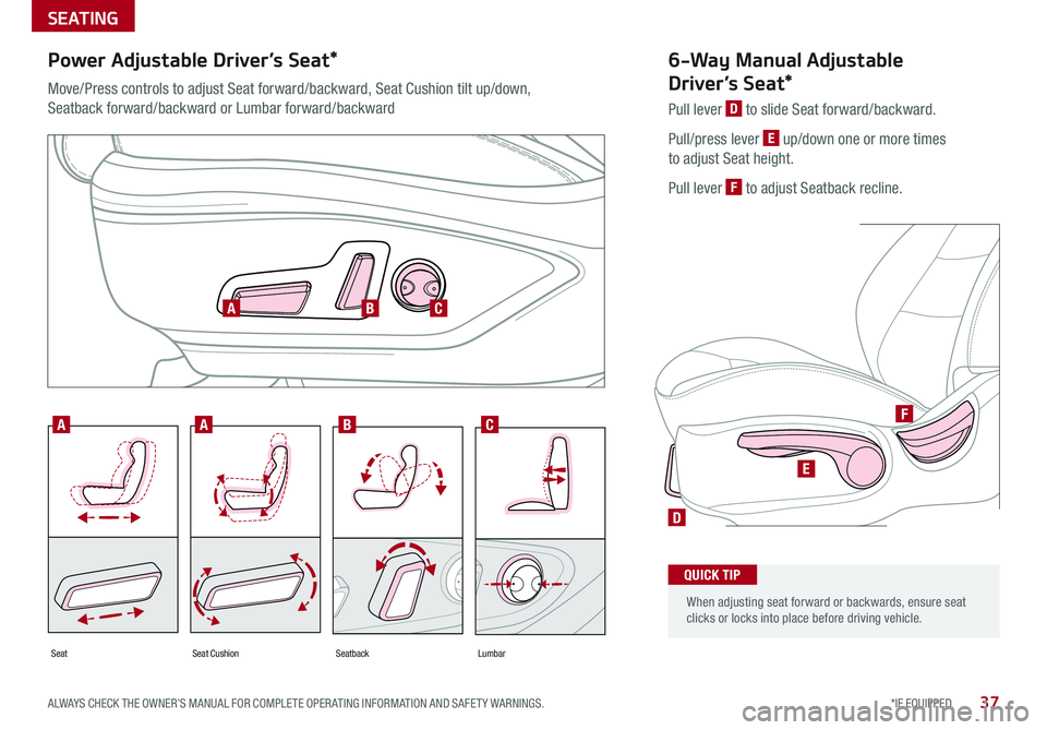 KIA NIRO 2018 Features and Functions Guide SEATING
37*IF EQUIPPED ALWAYS CHECK THE OWNER’S MANUAL FOR COMPLETE OPER ATING INFORMATION AND SAFET Y WARNINGS .
D
E
F
SeatbackLumbarSeatSeat Cushion
AABC
ABC
6-Way Manual Adjustable
Driver’s S KIA NIRO 2018 Features and Functions Guide SEATING
37*IF EQUIPPED ALWAYS CHECK THE OWNER’S MANUAL FOR COMPLETE OPER ATING INFORMATION AND SAFET Y WARNINGS .
D
E
F
SeatbackLumbarSeatSeat Cushion
AABC
ABC
6-Way Manual Adjustable
Driver’s S