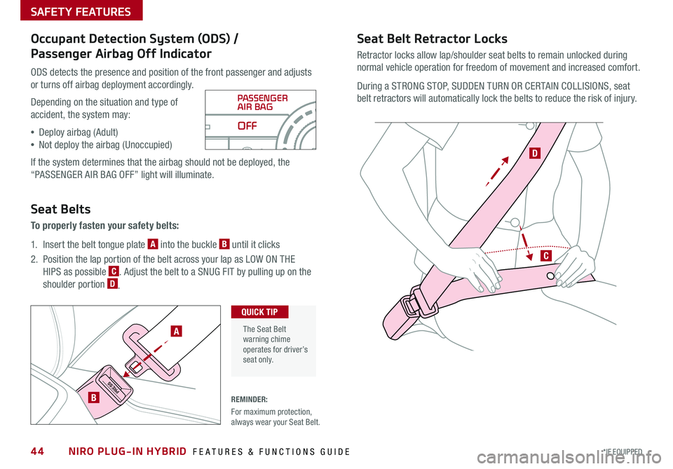 KIA NIRO 2018 Features and Functions Guide NIRO PLUG-IN HYBRID FEATURES & FUNCTIONS GUIDE44*IF EQUIPPED
SAFETY FEATURES
Occupant Detection System (ODS) /
Passenger Airbag Off Indicator
ODS detects the presence and position of the front pas KIA NIRO 2018 Features and Functions Guide NIRO PLUG-IN HYBRID FEATURES & FUNCTIONS GUIDE44*IF EQUIPPED
SAFETY FEATURES
Occupant Detection System (ODS) /
Passenger Airbag Off Indicator
ODS detects the presence and position of the front pas