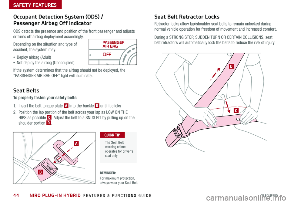 KIA NIRO 2018  Features and Functions Guide NIRO PLUG-IN HYBRID  FEATURES & FUNCTIONS GUIDE44*IF EQUIPPED 
SAFETY FEATURES
Occupant Detection System (ODS) /  
Passenger Airbag Off Indicator
ODS detects the presence and position of the front pas