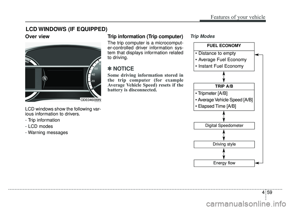 KIA NIRO 2017  Owners Manual 459
Features of your vehicle
Over view
LCD windows show the following var-
ious information to drivers.
- Trip information
- LCD modes
- Warning messages
Trip information (Trip computer)
The trip comp
