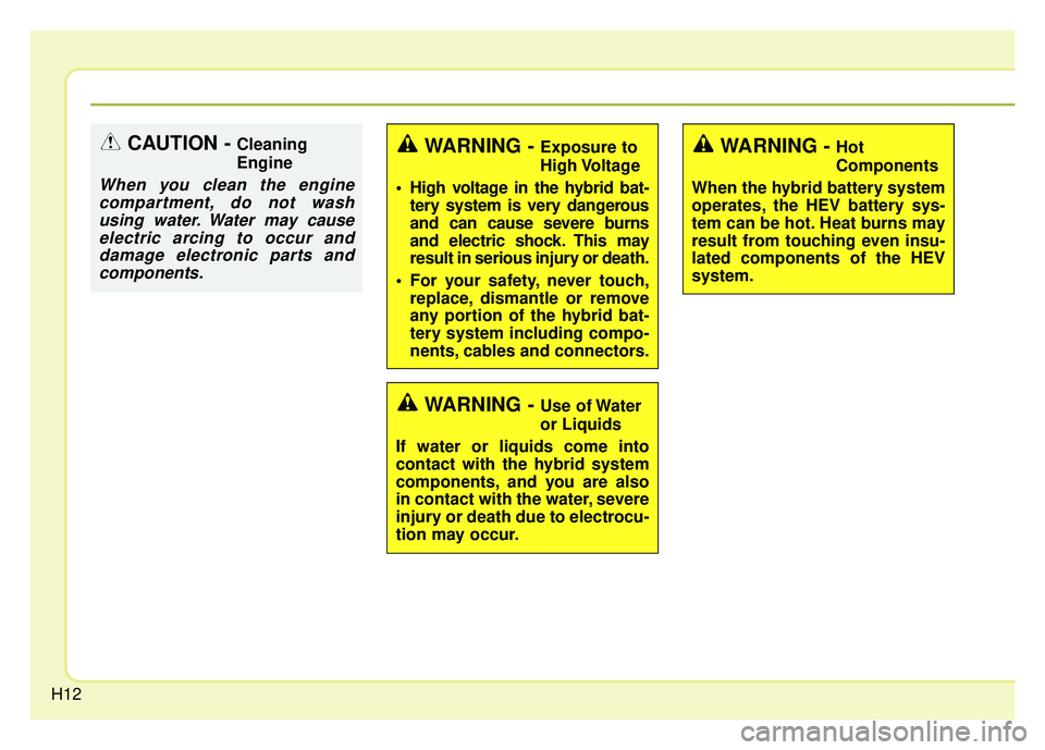 KIA NIRO 2017 User Guide H12
WARNING - Exposure to
High Voltage
High voltage in the hybrid bat- tery system is very dangerous
and can cause severe burns
and electric shock. This may
result in serious injury or death.
For yo KIA NIRO 2017 User Guide H12
WARNING - Exposure to
High Voltage
High voltage in the hybrid bat- tery system is very dangerous
and can cause severe burns
and electric shock. This may
result in serious injury or death.
For yo