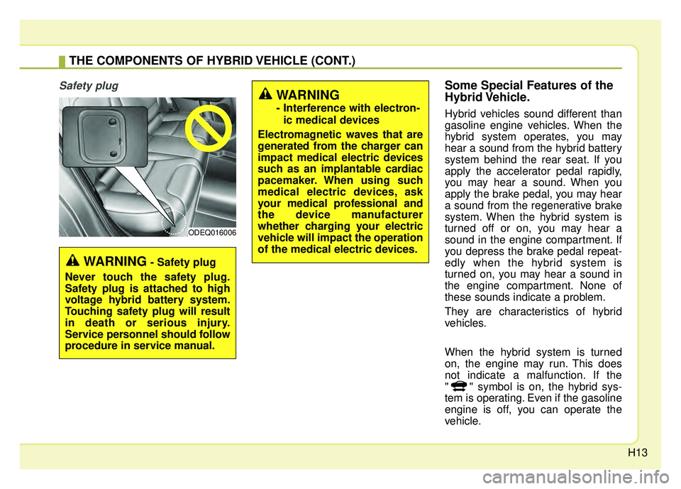 KIA NIRO 2017  Owners Manual H13
Safety plugSome Special Features of the
Hybrid Vehicle.
Hybrid vehicles sound different than
gasoline engine vehicles. When the
hybrid system operates, you may
hear a sound from the hybrid battery