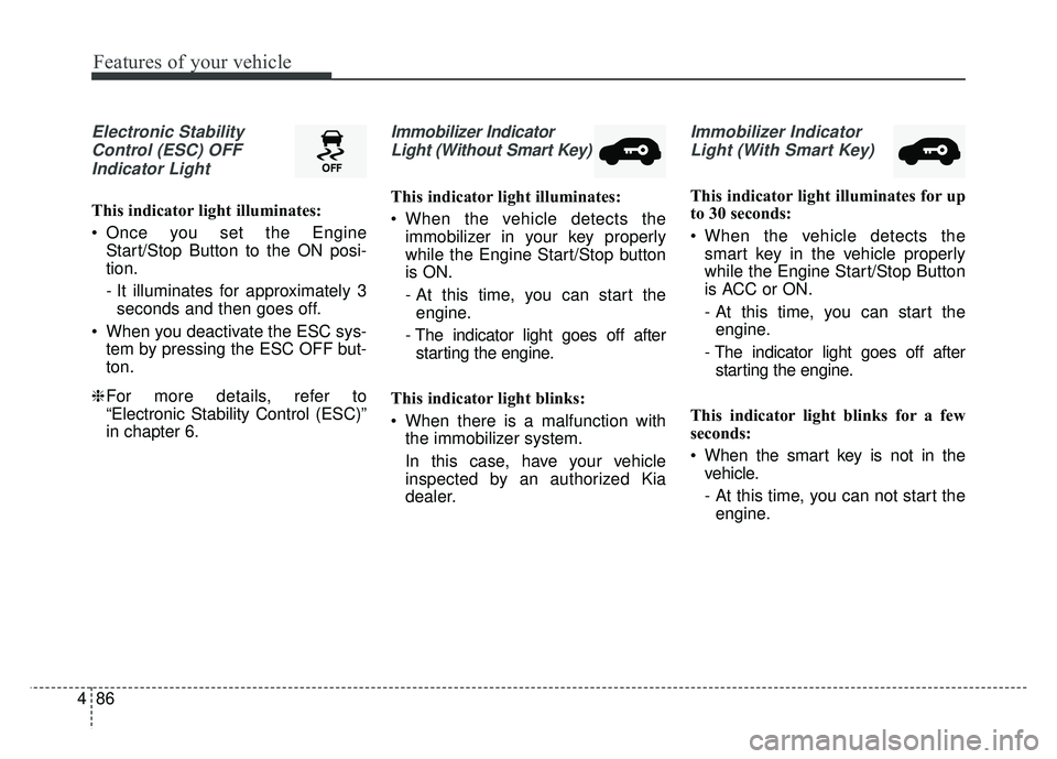 KIA NIRO 2017  Owners Manual Features of your vehicle
86
4
Electronic Stability
Control (ESC) OFFIndicator Light 
This indicator light illuminates:
 Once you set the Engine Start/Stop Button to the ON posi-
tion.
- It illuminates