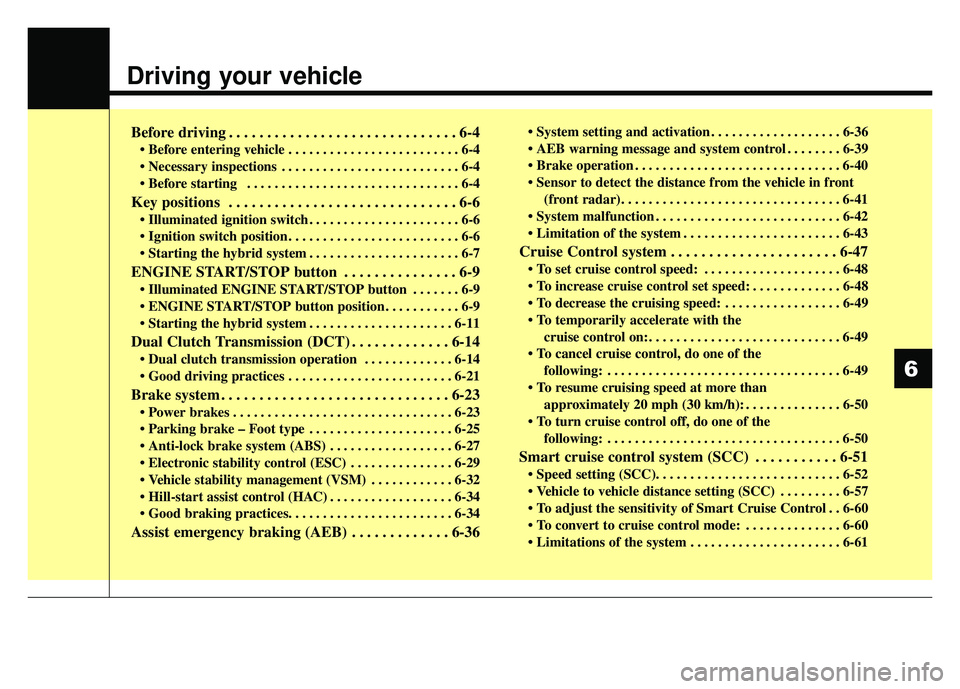 KIA NIRO 2017  Owners Manual Driving your vehicle
Before driving . . . . . . . . . . . . . . . . . . . . . . . . . . . . . . 6-4
• Before entering vehicle . . . . . . . . . . . . . . . . . . . . . . . . . 6-4
 . . . . . . . . .