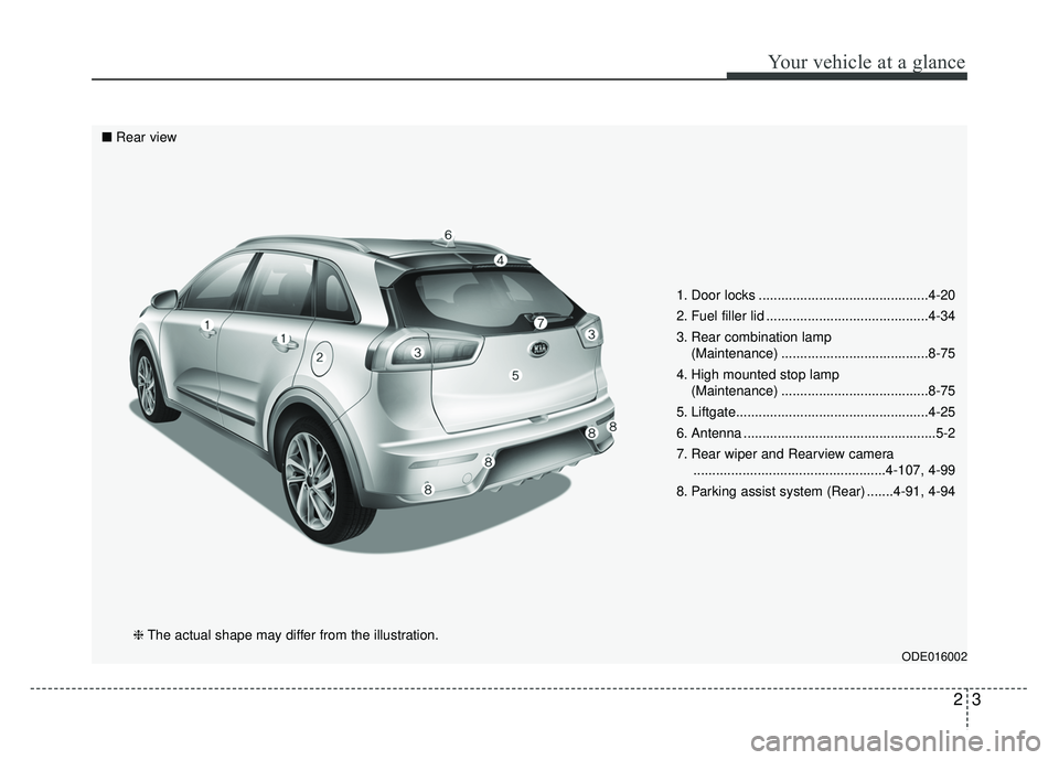 KIA NIRO 2017 Owners Guide 23
Your vehicle at a glance
1. Door locks .............................................4-20
2. Fuel filler lid ...........................................4-34
3. Rear combination lamp (Maintenance) .. KIA NIRO 2017 Owners Guide 23
Your vehicle at a glance
1. Door locks .............................................4-20
2. Fuel filler lid ...........................................4-34
3. Rear combination lamp (Maintenance) ..