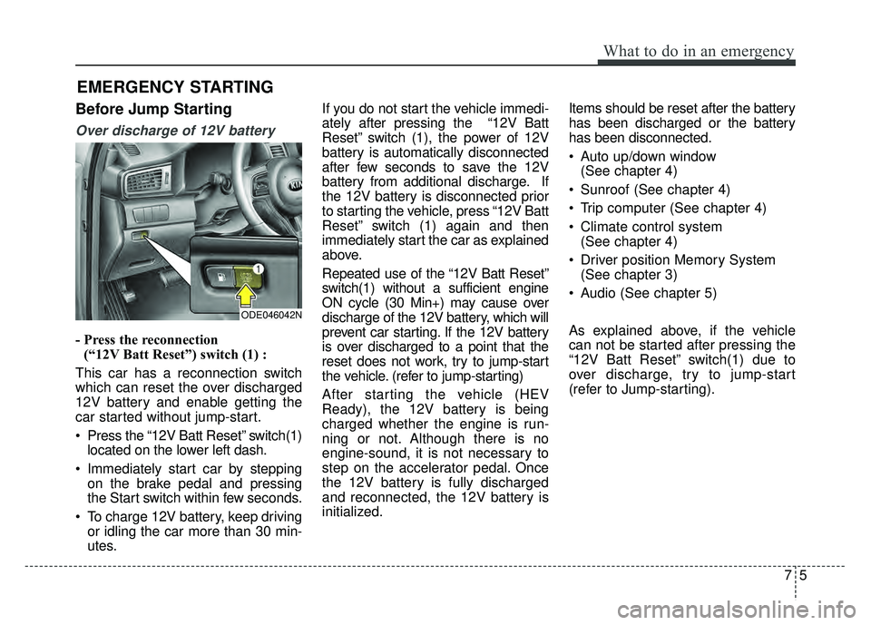 KIA NIRO 2017  Owners Manual 75
What to do in an emergency
EMERGENCY STARTING
Before Jump Starting
Over discharge of 12V battery
- Press the reconnection(“12V Batt Reset”) switch (1) :
This car has a reconnection switch
which