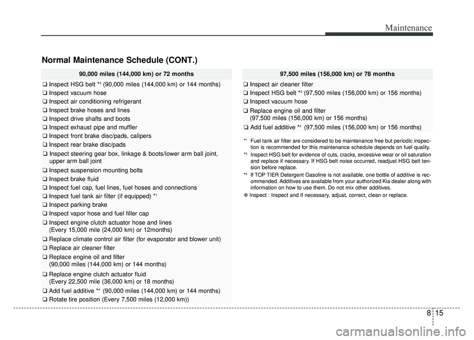 KIA NIRO 2017  Owners Manual 815
Maintenance
Normal Maintenance Schedule (CONT.)
97,500 miles (156,000 km) or 78 months
❑Inspect air cleaner filter
❑Inspect HSG belt *3(97,500 miles (156,000 km) or 156 months)
❑Inspect vacu