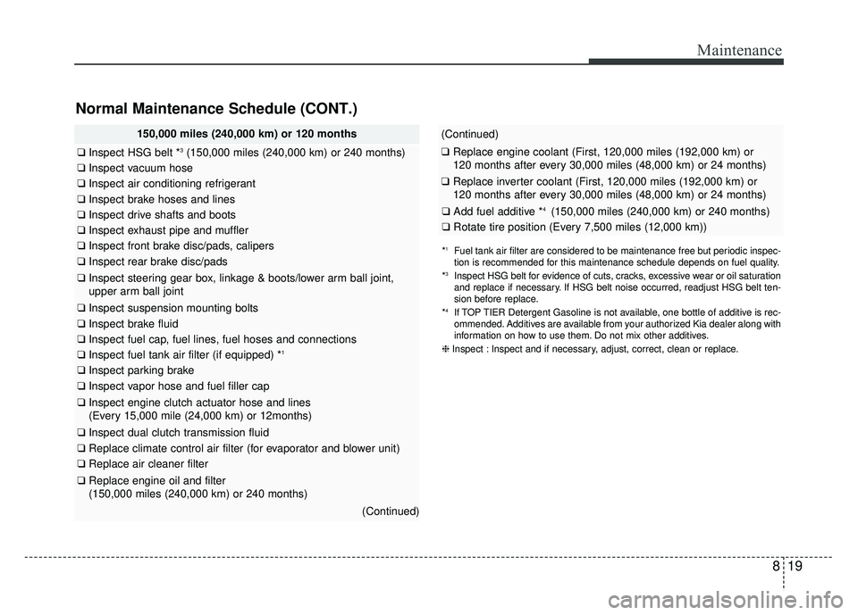 KIA NIRO 2017 Owners Manual 819
Maintenance
Normal Maintenance Schedule (CONT.)
150,000 miles (240,000 km) or 120 months
❑Inspect HSG belt *3(150,000 miles (240,000 km) or 240 months)
❑Inspect vacuum hose
❑Inspect air cond KIA NIRO 2017 Owners Manual 819
Maintenance
Normal Maintenance Schedule (CONT.)
150,000 miles (240,000 km) or 120 months
❑Inspect HSG belt *3(150,000 miles (240,000 km) or 240 months)
❑Inspect vacuum hose
❑Inspect air cond