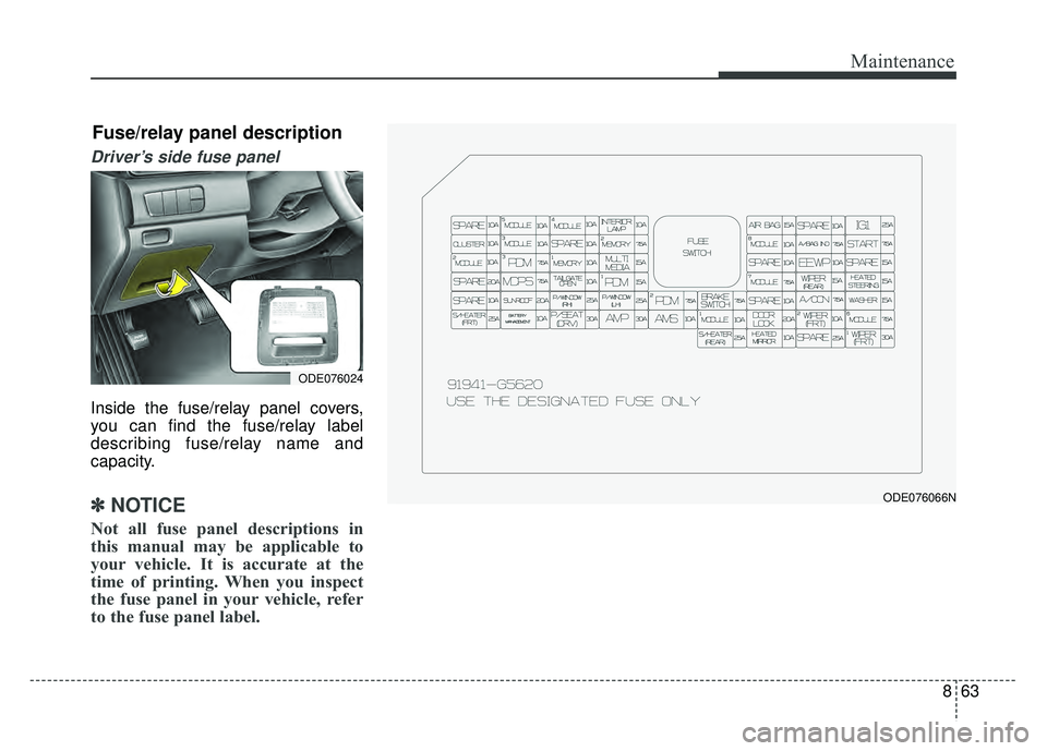 KIA NIRO 2017  Owners Manual 863
Maintenance
Driver’s side fuse panel 
Inside the fuse/relay panel covers,
you can find the fuse/relay label
describing fuse/relay name and
capacity.
✽ ✽NOTICE
Not all fuse panel descriptions