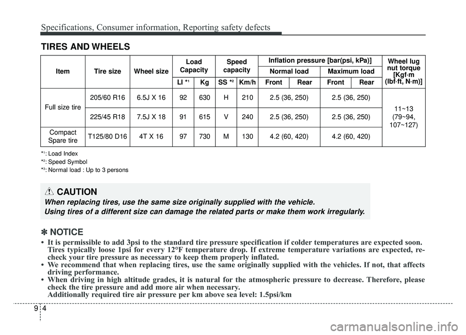 KIA NIRO 2017 Owners Manual Specifications, Consumer information, Reporting safety defects
49
TIRES AND WHEELS
*1: Load Index
*2: Speed Symbol
*3: Normal load : Up to 3 persons
CAUTION
When replacing tires, use the same size ori KIA NIRO 2017 Owners Manual Specifications, Consumer information, Reporting safety defects
49
TIRES AND WHEELS
*1: Load Index
*2: Speed Symbol
*3: Normal load : Up to 3 persons
CAUTION
When replacing tires, use the same size ori