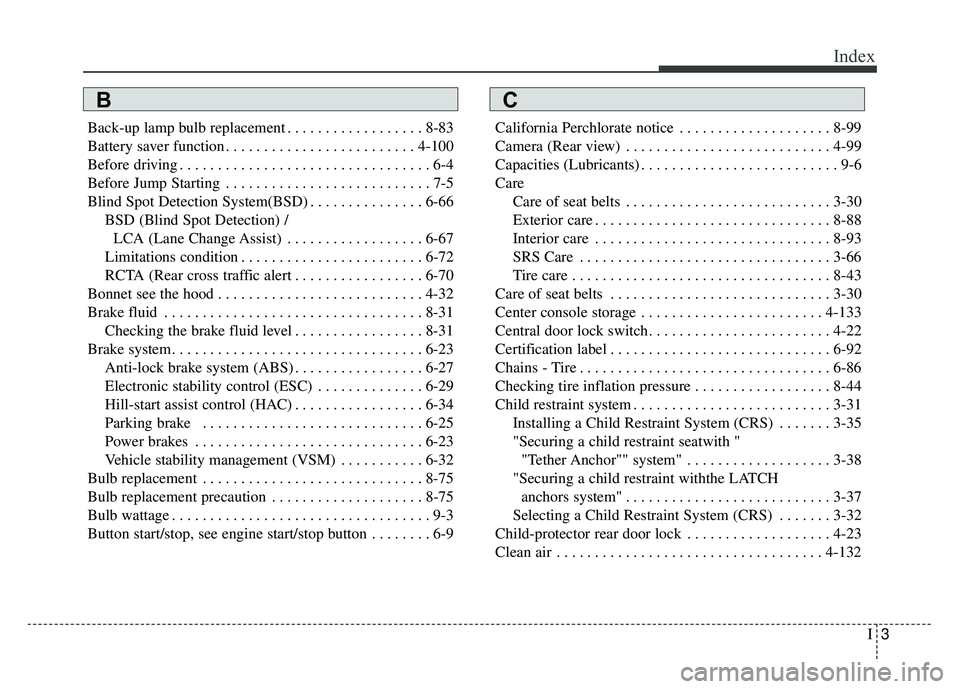 KIA NIRO 2017 Owners Manual I3
Index
Back-up lamp bulb replacement . . . . . . . . . . . . . . . . . . 8-83
Battery saver function . . . . . . . . . . . . . . . . . . . . . . . . . 4-100
Before driving . . . . . . . . . . . . . KIA NIRO 2017 Owners Manual I3
Index
Back-up lamp bulb replacement . . . . . . . . . . . . . . . . . . 8-83
Battery saver function . . . . . . . . . . . . . . . . . . . . . . . . . 4-100
Before driving . . . . . . . . . . . . .