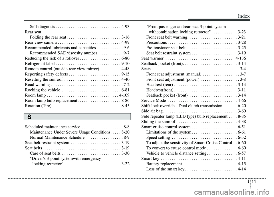KIA NIRO 2017  Owners Manual I11
Index
Self-diagnosis . . . . . . . . . . . . . . . . . . . . . . . . . . . . . . 4-93
Rear seat  Folding the rear seat . . . . . . . . . . . . . . . . . . . . . . . . . 3-16
Rear view camera . . .