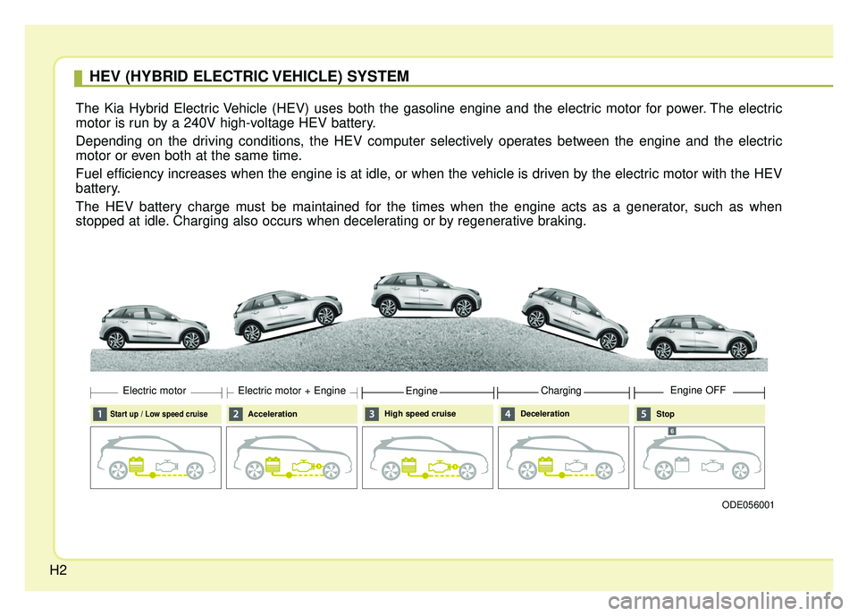 KIA NIRO 2017  Owners Manual H2
HEV (HYBRID ELECTRIC VEHICLE) SYSTEM
The Kia Hybrid Electric Vehicle (HEV) uses both the gasoline engine and the electric motor for power. The electric
motor is run by a 240V high-voltage HEV batte