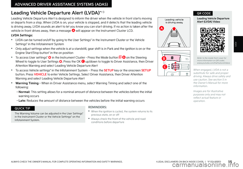KIA K5 2023 Features and Functions Guide †LEGAL DISCL AIMERS ON BACK INSIDE COVER | *IF EQUIPPEDALWAYS CHECK THE OWNER ’S MANUAL FOR COMPLETE OPER ATING INFORMATION AND SAFET Y WARNINGS. 15
ADVANCED DRIVER ASSISTANCE SYSTEMS (ADAS)
W KIA K5 2023 Features and Functions Guide †LEGAL DISCL AIMERS ON BACK INSIDE COVER | *IF EQUIPPEDALWAYS CHECK THE OWNER ’S MANUAL FOR COMPLETE OPER ATING INFORMATION AND SAFET Y WARNINGS. 15
ADVANCED DRIVER ASSISTANCE SYSTEMS (ADAS)
W