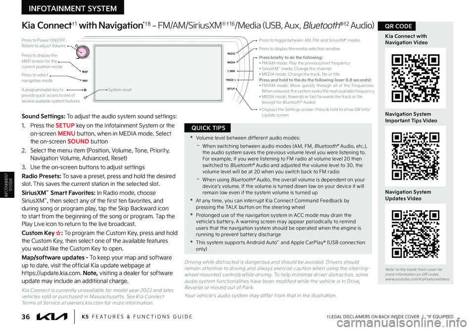 KIA K5 2023 Features and Functions Guide †LEGAL DISCL AIMERS ON BACK INSIDE COVER | *IF EQUIPPED36K5 FEATURES & FUNCTIONS GUIDE
Kia Connect†1 with Navigation*†8 - FM/AM/SiriusXM®†1 6/Media (USB, Aux, Bluetooth®†2 Au d io)
Dr KIA K5 2023 Features and Functions Guide †LEGAL DISCL AIMERS ON BACK INSIDE COVER | *IF EQUIPPED36K5 FEATURES & FUNCTIONS GUIDE
Kia Connect†1 with Navigation*†8 - FM/AM/SiriusXM®†1 6/Media (USB, Aux, Bluetooth®†2 Au d io)
Dr