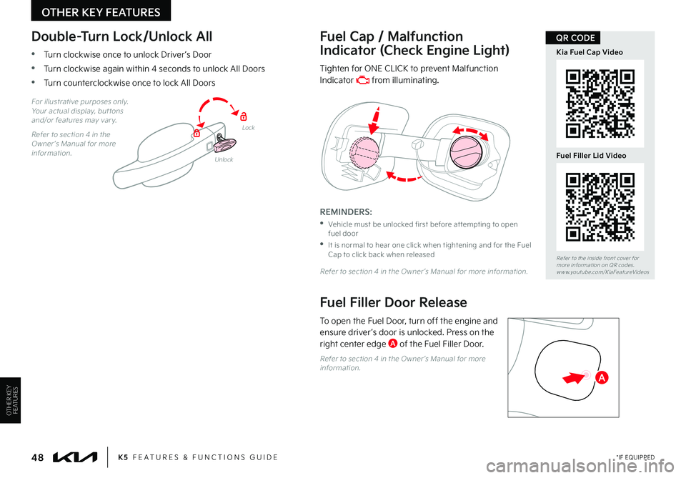 KIA K5 2023 Features and Functions Guide *IF EQUIPPED48K5 FEATURES & FUNCTIONS GUIDE
a
Refer to the inside front cover for more information on QR codes.www.youtube.com/KiaFeatureVideos
Kia Fuel Cap Video
Fuel Filler Lid Video
QR CODE
OT KIA K5 2023 Features and Functions Guide *IF EQUIPPED48K5 FEATURES & FUNCTIONS GUIDE
a
Refer to the inside front cover for more information on QR codes.www.youtube.com/KiaFeatureVideos
Kia Fuel Cap Video
Fuel Filler Lid Video
QR CODE
OT